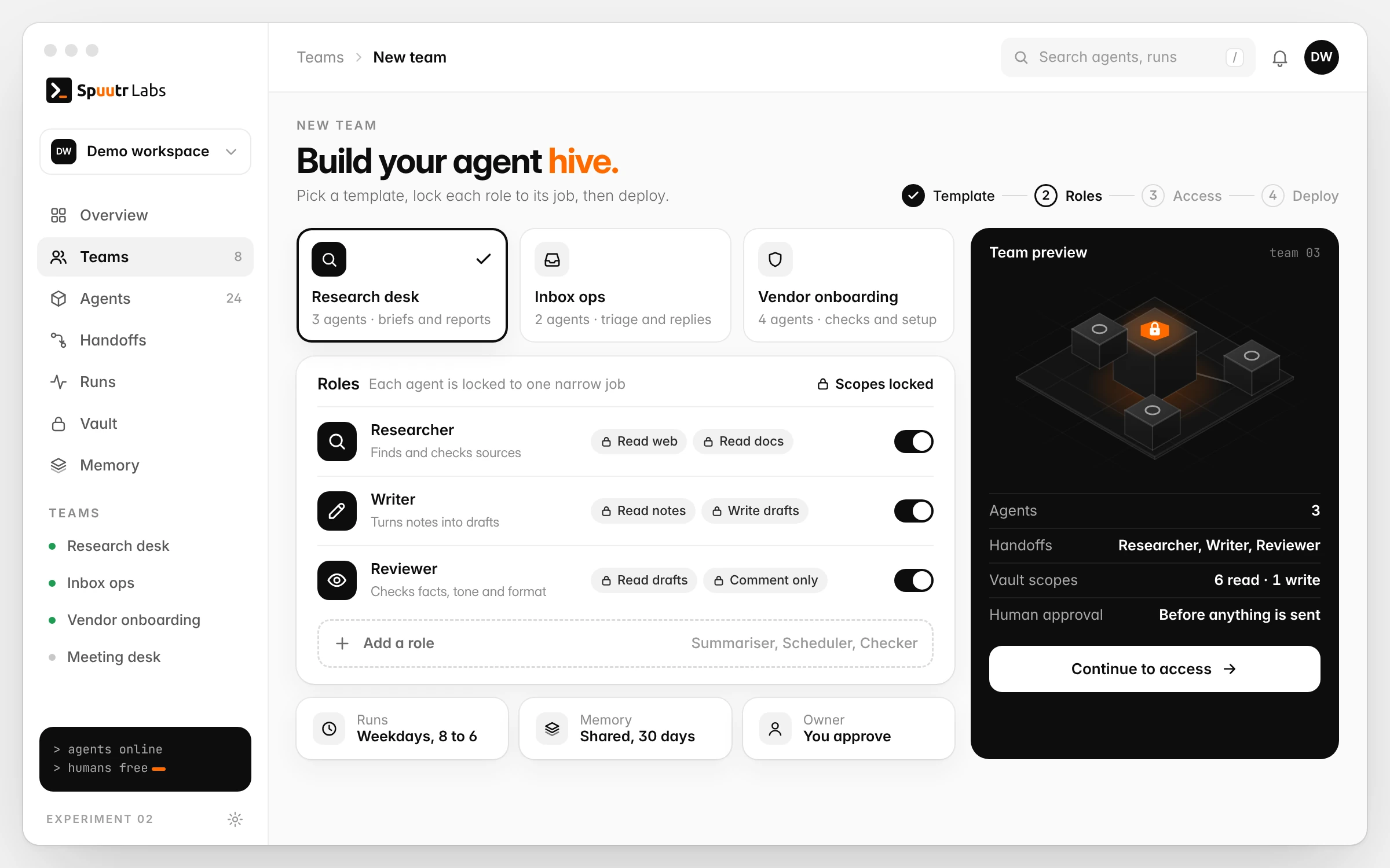 Mock-up desktop view: building an agent team from the Research desk template, with Researcher, Writer and Reviewer roles locked to narrow scopes and a dark team preview.