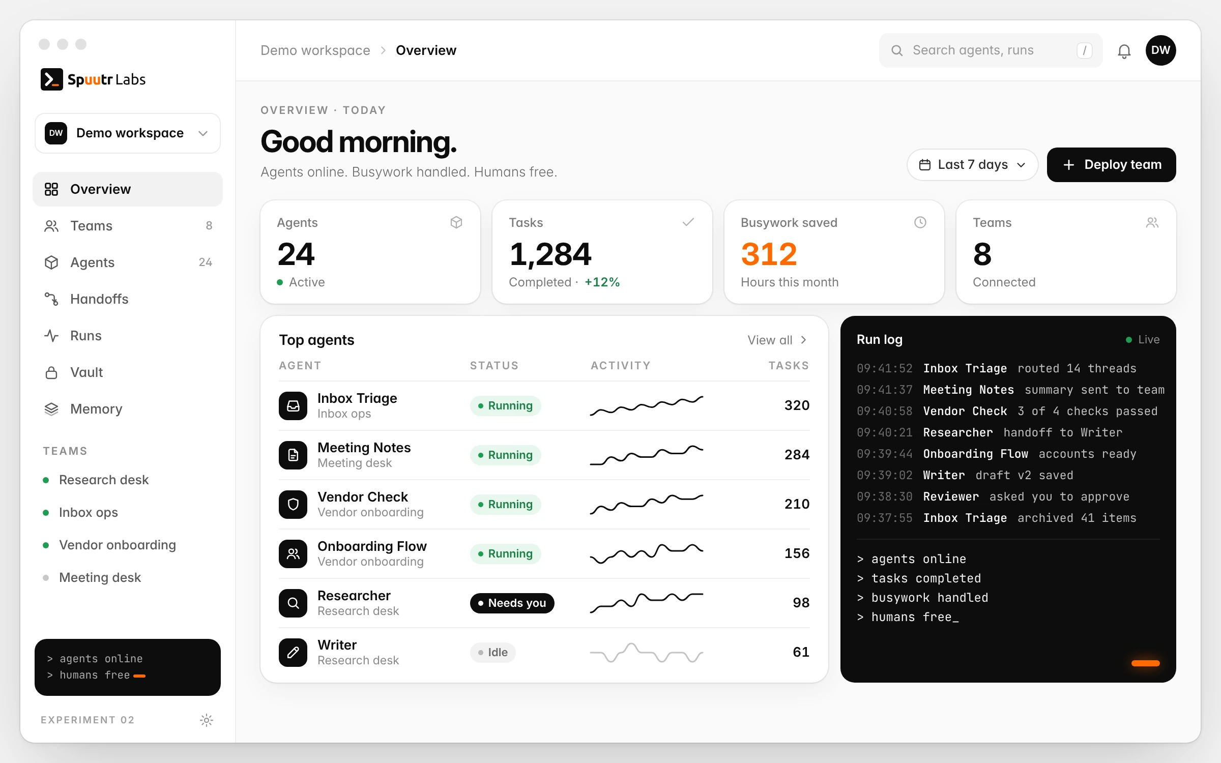 Mock-up desktop view: status board with stat cards for agents, tasks, hours saved and teams, a list of top agents with Running pills and sparklines, and a live run log.