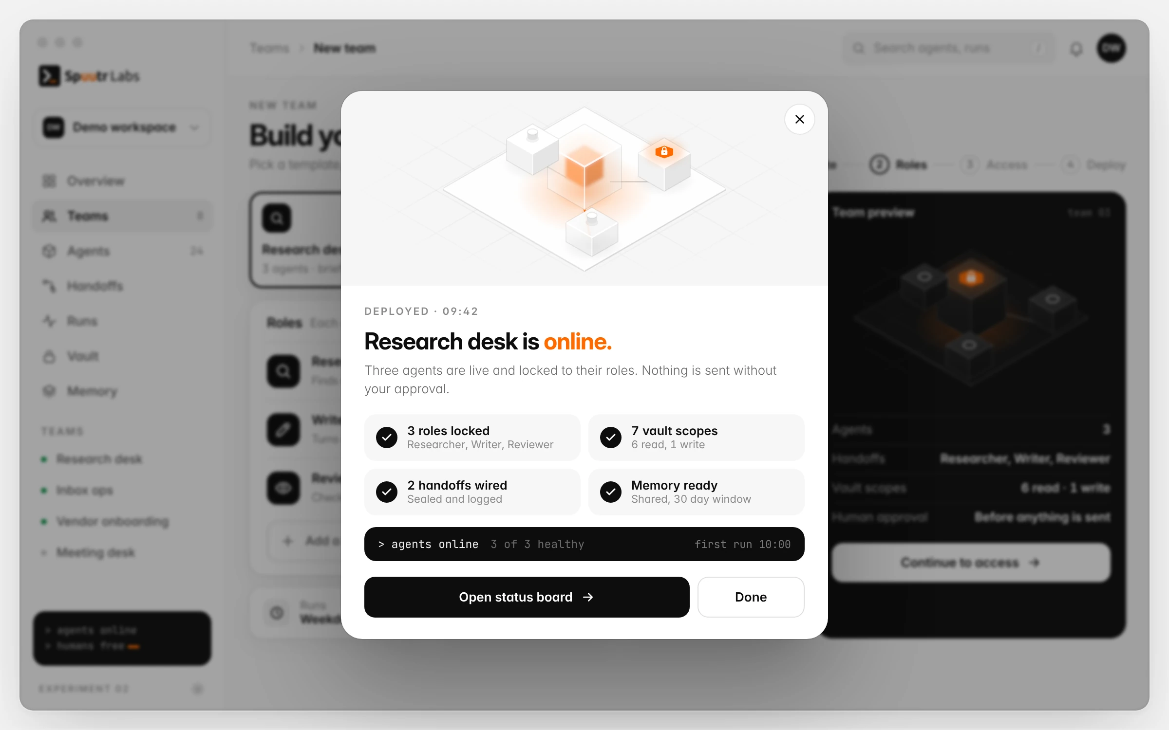 Mock-up desktop view: deploy confirmation dialog saying Research desk is online, with a checklist of locked roles, vault scopes, handoffs and memory.
