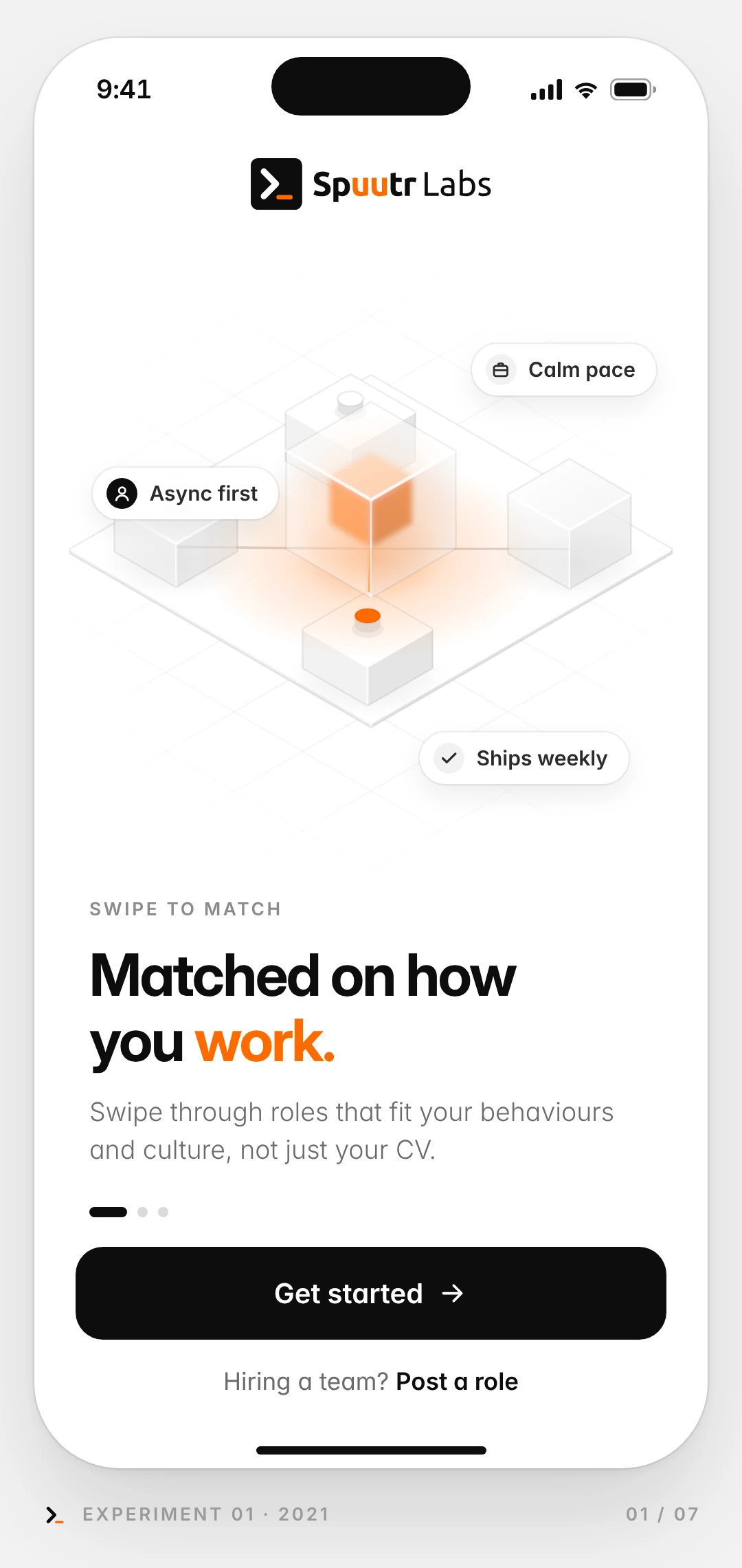 Mock-up phone screen: welcome screen of the 2021 swipe-to-match hiring app, with frosted glass cubes around a glowing orange core and the line Matched on how you work.