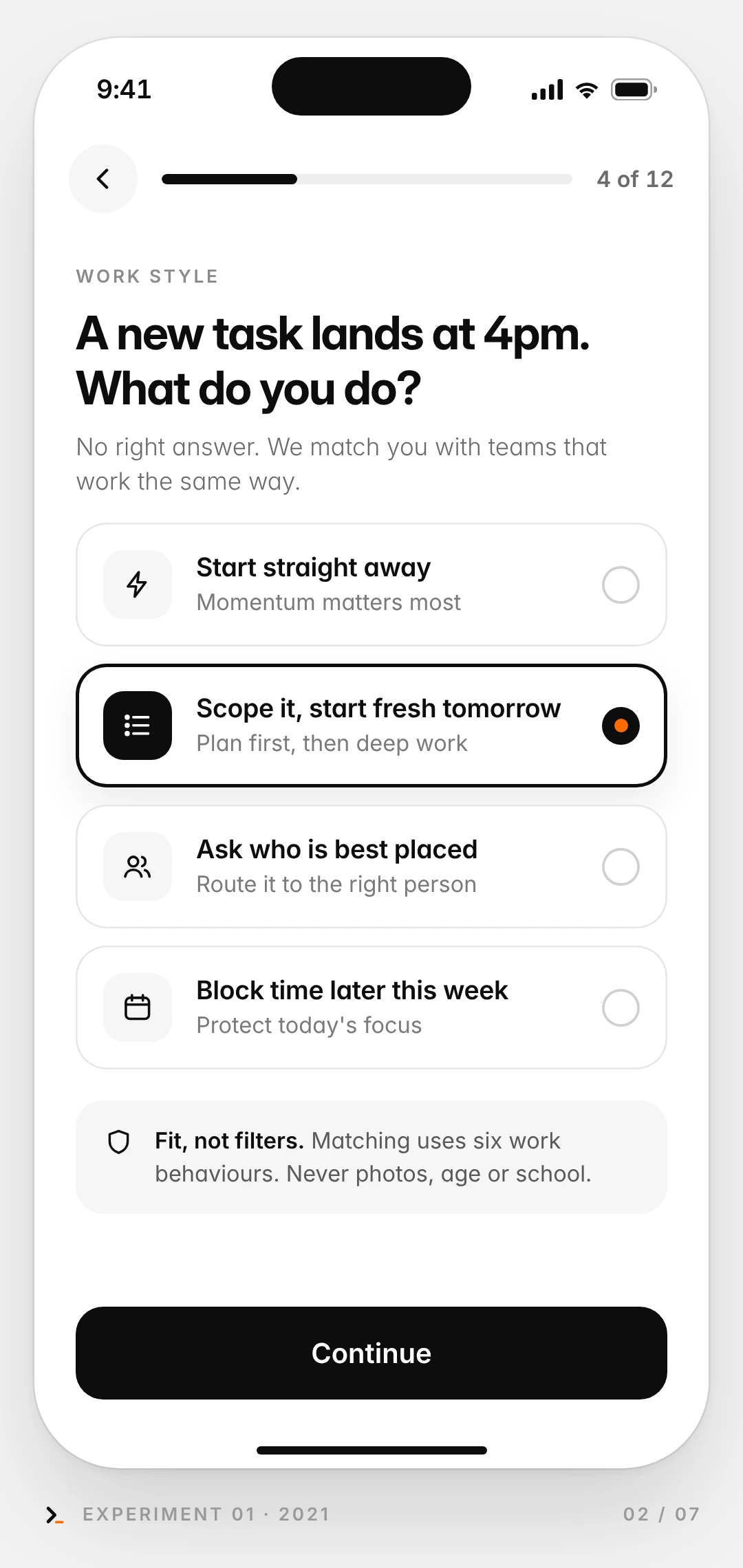 Mock-up phone screen: work style quiz, question 4 of 12, asking what you do when a new task lands at 4pm, with one of four answers selected.