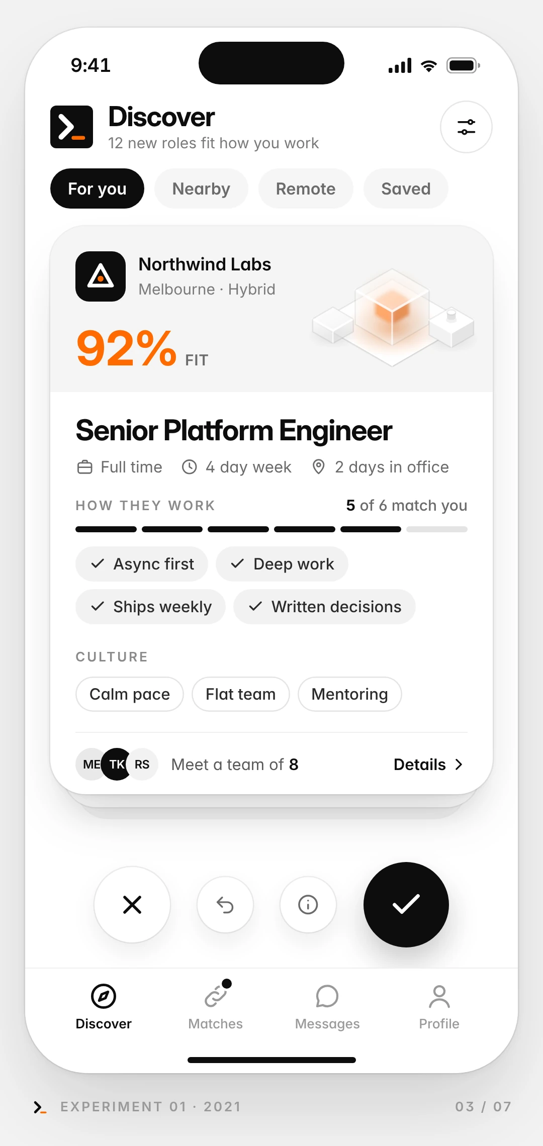 Mock-up phone screen: a stack of role cards. The top card is a Senior Platform Engineer role at Northwind Labs with a 92 percent fit score and behaviour and culture chips.