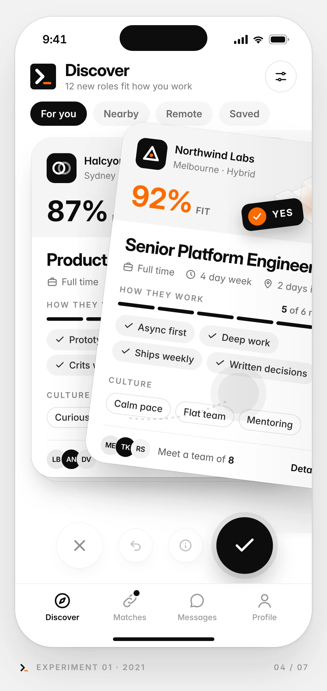 Mock-up phone screen: the Northwind Labs card mid swipe, tilted to the right with a Yes stamp, revealing a Product Designer role underneath.