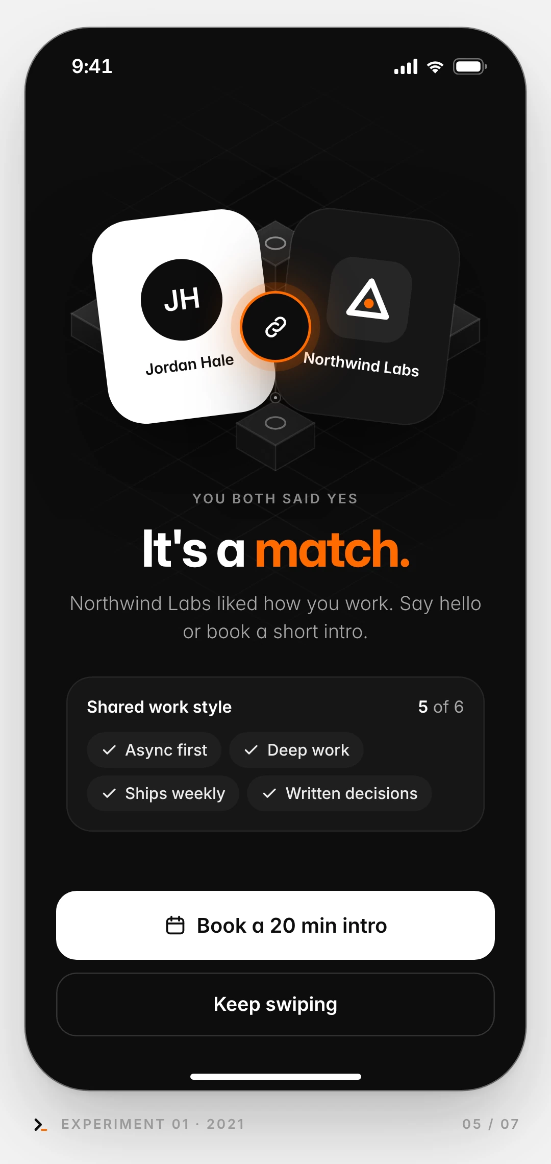 Mock-up phone screen: the match moment on a dark screen. A candidate tile and a company tile are linked, with the line It's a match and five shared work behaviours.