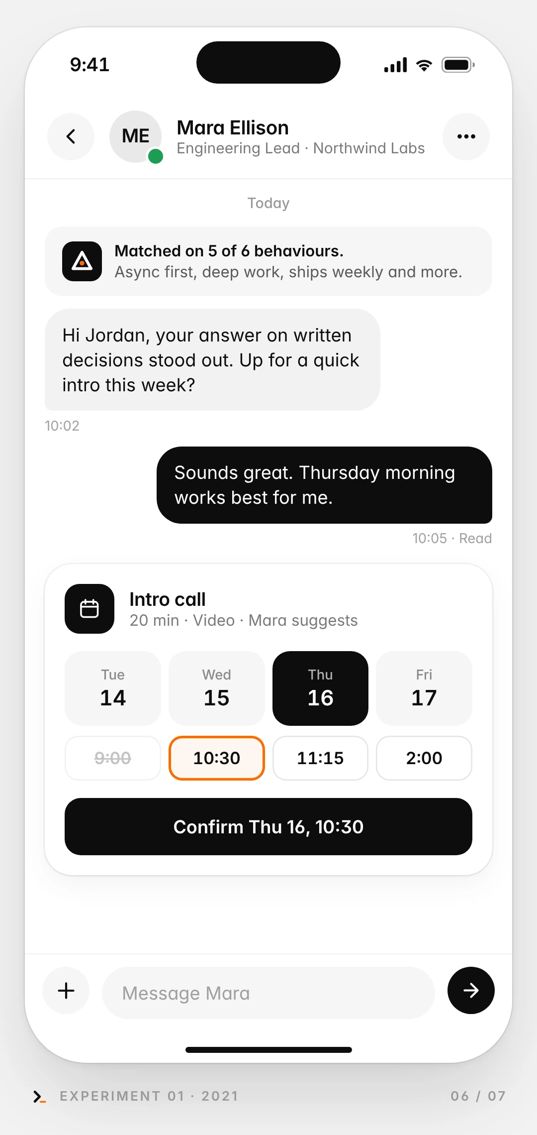 Mock-up phone screen: chat with the hiring lead at Northwind Labs, with a card for booking a 20 minute intro call on Thursday at 10:30.