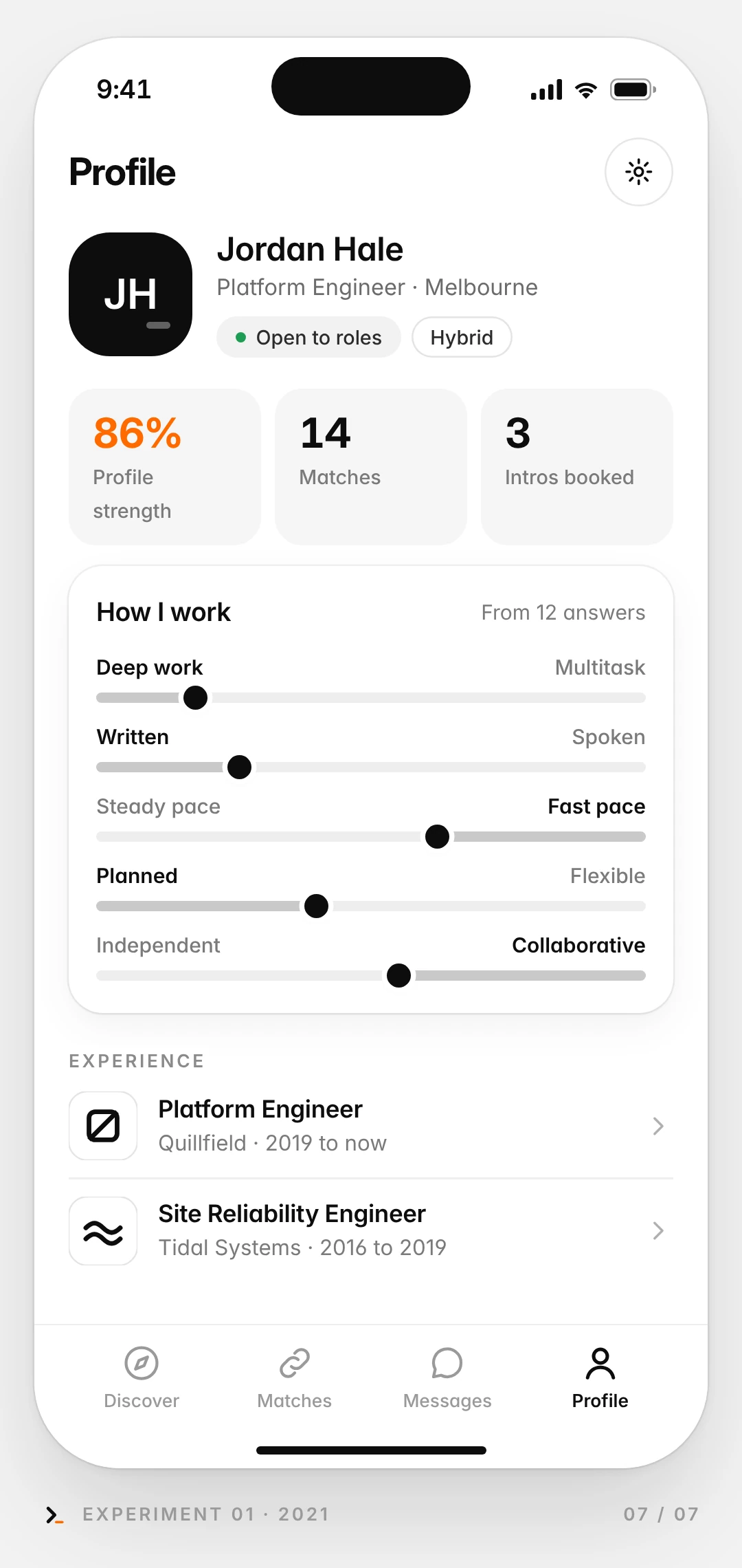 Mock-up phone screen: candidate profile with profile strength, a How I work panel of five sliders, and past roles.